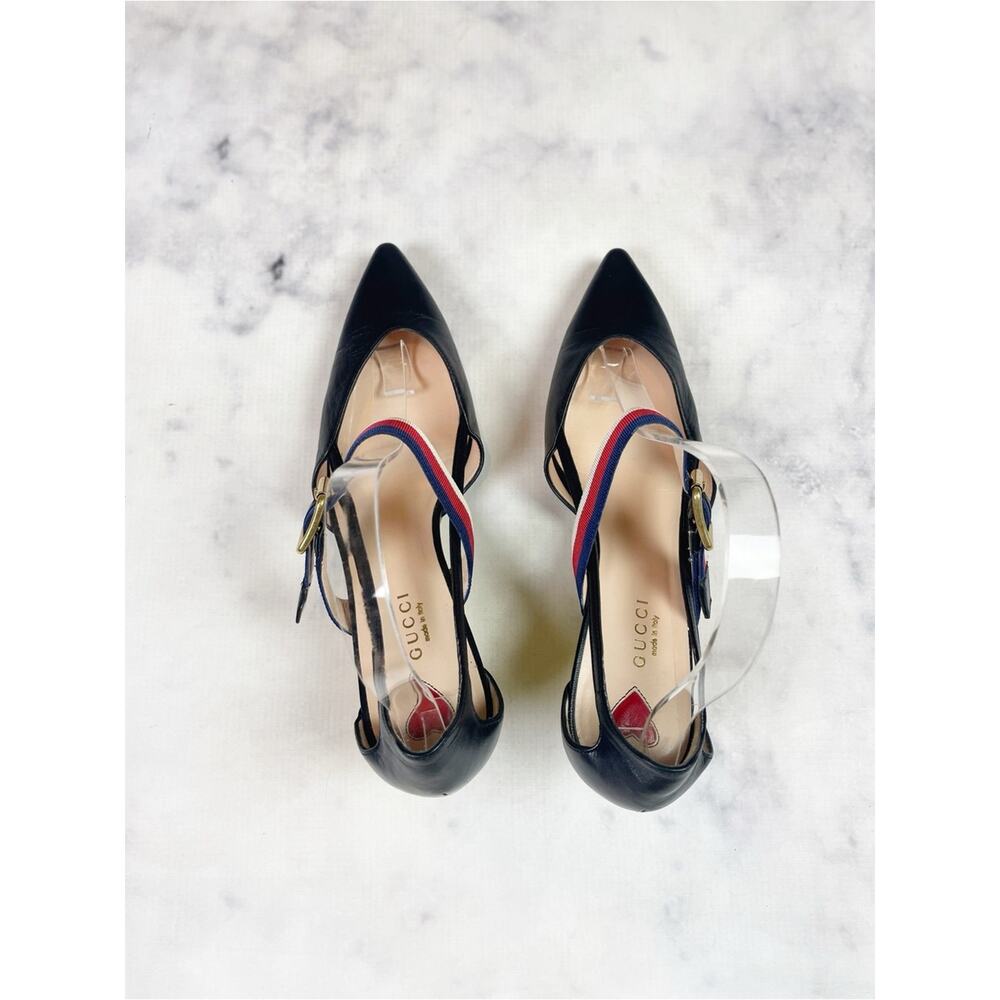 Gucci Unia Sylvie Web Strap Pumps Black Bamboo Kitten Heel 37.5 / 7.5 - Picture 5 of 11
